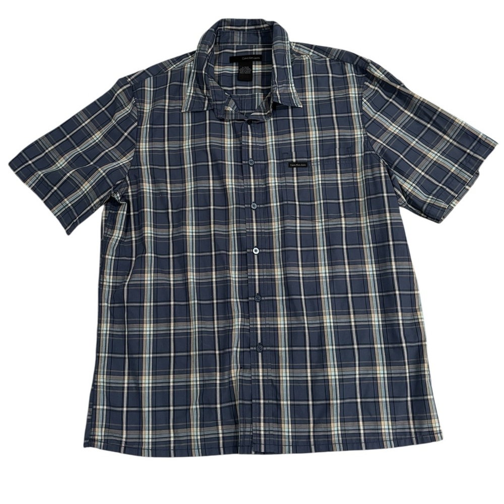 Calvin Klein Men’s Navy Blue/Gray Short Sleeve Casual Button Up Shirt-size XL
